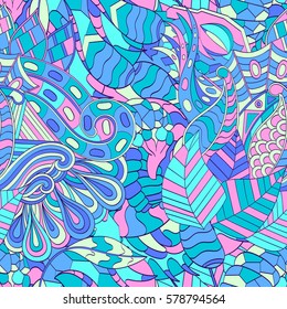 Tracery seamless calming pattern. Mehndi design. Ethnic colorful doodle texture. Curved doodling background. Vector.