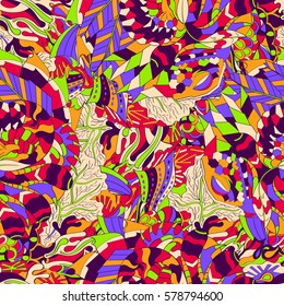 Tracery seamless calming pattern. Mehndi design. Ethnic colorful doodle texture. Curved doodling background. Vector.