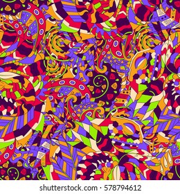 Tracery seamless calming pattern. Mehndi design. Ethnic colorful doodle texture. Curved doodling background. Vector.
