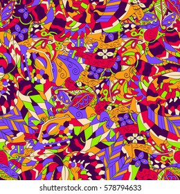 Tracery seamless calming pattern. Mehndi design. Ethnic colorful doodle texture. Curved doodling background. Vector.
