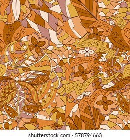 Tracery seamless calming pattern. Mehndi design. Ethnic colorful doodle texture. Curved doodling background. Vector.