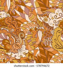 Tracery seamless calming pattern. Mehndi design. Ethnic colorful doodle texture. Curved doodling background. Vector.