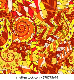 Tracery seamless calming pattern. Mehndi design. Ethnic colorful doodle texture. Curved doodling background. Vector.