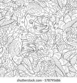 Tracery seamless calming pattern. Mehndi design. Ethnic monochrome binary doodle texture. Curved doodling black and white background. Vector.