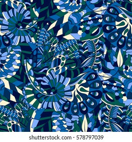 Tracery seamless calming pattern. Mehndi design. Ethnic colorful doodle texture. Curved doodling background. Vector.