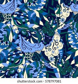 Tracery seamless calming pattern. Mehndi design. Ethnic colorful doodle texture. Curved doodling background. Vector.