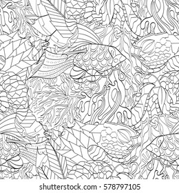 Tracery seamless calming pattern. Mehndi design. Ethnic monochrome binary doodle texture. Curved doodling black and white background. Vector.