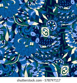 Tracery seamless calming pattern. Mehndi design. Ethnic colorful doodle texture. Curved doodling background. Vector.