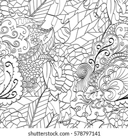 Tracery seamless calming pattern. Mehndi design. Ethnic monochrome binary doodle texture. Curved doodling black and white background. Vector.