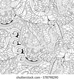 Tracery seamless calming pattern. Mehndi design. Ethnic monochrome binary doodle texture. Curved doodling black and white background. Vector.