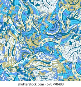 Tracery seamless calming pattern. Mehndi design. Ethnic colorful doodle texture. Curved doodling background. Vector.