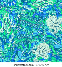 Tracery seamless calming pattern. Mehndi design. Ethnic colorful doodle texture. Curved doodling background. Vector.