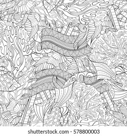 Tracery seamless calming pattern. Mehndi design. Ethnic monochrome binary doodle texture. Curved doodling black and white background. Vector.