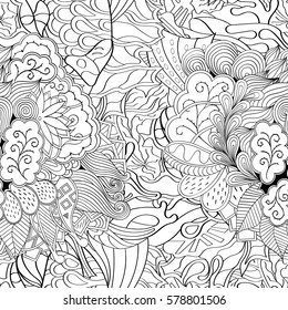 Tracery seamless calming pattern. Mehndi design. Ethnic monochrome binary doodle texture. Curved doodling black and white background. Vector.
