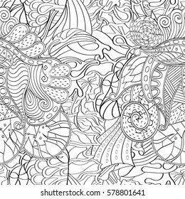 Tracery seamless calming pattern. Mehndi design. Ethnic monochrome binary doodle texture. Curved doodling black and white background. Vector.