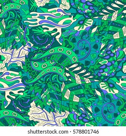 Tracery seamless calming pattern. Mehndi design. Ethnic colorful doodle texture. Curved doodling background. Vector.