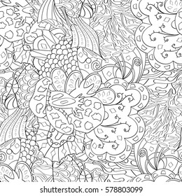Tracery seamless calming pattern. Mehndi design. Ethnic monochrome binary doodle texture. Curved doodling black and white background. Vector.