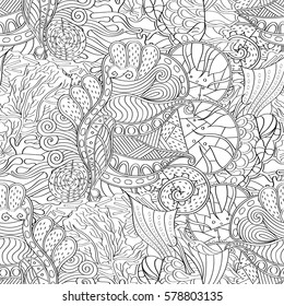 Tracery seamless calming pattern. Mehndi design. Ethnic monochrome binary doodle texture. Curved doodling black and white background. Vector.