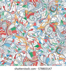 Tracery seamless calming pattern. Mehndi design. Ethnic colorful doodle texture. Curved doodling background. Vector.