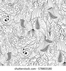 Tracery seamless calming pattern. Mehndi design. Ethnic monochrome binary doodle texture. Curved doodling black and white background. Vector.