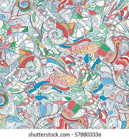 Tracery seamless calming pattern. Mehndi design. Ethnic colorful doodle texture. Curved doodling background. Vector.