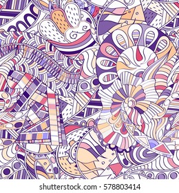 Tracery seamless calming pattern. Mehndi design. Ethnic colorful doodle texture. Curved doodling background. Vector.