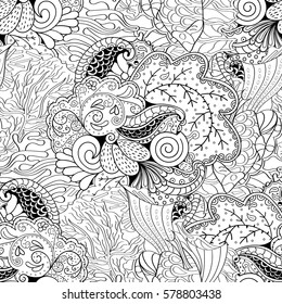 Tracery seamless calming pattern. Mehndi design. Ethnic monochrome binary doodle texture. Curved doodling black and white background. Vector.