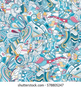 Tracery seamless calming pattern. Mehndi design. Ethnic colorful doodle texture. Curved doodling background. Vector.