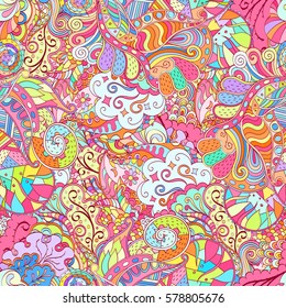 Tracery seamless calming pattern. Mehndi design. Ethnic colorful doodle texture. Curved doodling background. Vector.