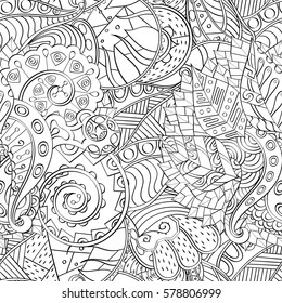Tracery seamless calming pattern. Mehndi design. Ethnic monochrome binary doodle texture. Curved doodling black and white background. Vector.