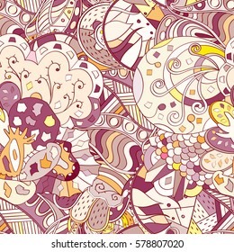 Tracery seamless calming pattern. Mehndi design. Ethnic colorful doodle texture. Curved doodling background. Vector.