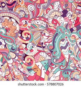 Tracery seamless calming pattern. Mehndi design. Ethnic colorful doodle texture. Curved doodling background. Vector.