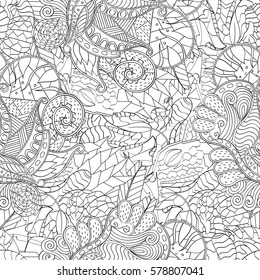 Tracery seamless calming pattern. Mehndi design. Ethnic monochrome binary doodle texture. Curved doodling black and white background. Vector.