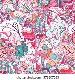 Tracery seamless calming pattern. Mehndi design. Ethnic colorful doodle texture. Curved doodling background. Vector.