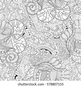 Tracery seamless calming pattern. Mehndi design. Ethnic monochrome binary doodle texture. Curved doodling black and white background. Vector.