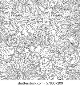 Tracery seamless calming pattern. Mehndi design. Ethnic monochrome binary doodle texture. Curved doodling black and white background. Vector.