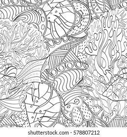 Tracery seamless calming pattern. Mehndi design. Ethnic monochrome binary doodle texture. Curved doodling black and white background. Vector.