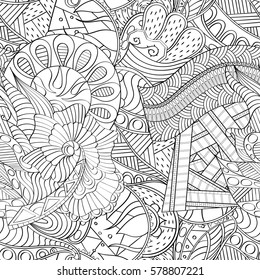 Tracery seamless calming pattern. Mehndi design. Ethnic monochrome binary doodle texture. Curved doodling black and white background. Vector.
