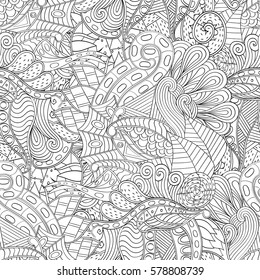 Tracery seamless calming pattern. Mehndi design. Ethnic monochrome binary doodle texture. Curved doodling black and white background. Vector.