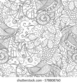 Tracery seamless calming pattern. Mehndi design. Ethnic monochrome binary doodle texture. Curved doodling black and white background. Vector.