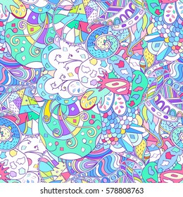 Tracery seamless calming pattern. Mehndi design. Ethnic colorful doodle texture. Curved doodling background. Vector.