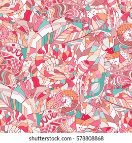 Tracery seamless calming pattern. Mehndi design. Ethnic colorful doodle texture. Curved doodling background. Vector.