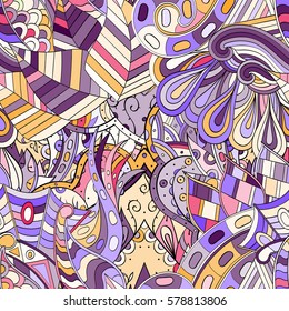 Tracery seamless calming pattern. Mehndi design. Ethnic colorful doodle texture. Curved doodling background. Vector.