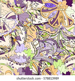 Tracery seamless calming pattern. Mehndi design. Ethnic colorful doodle texture. Curved doodling background. Vector.
