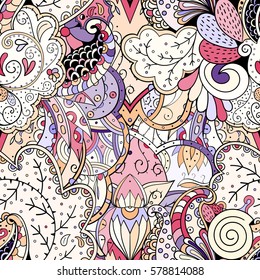 Tracery seamless calming pattern. Mehndi design. Ethnic colorful doodle texture. Curved doodling background. Vector.