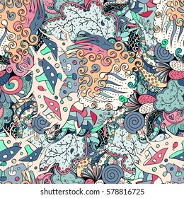 Tracery seamless calming pattern. Mehndi design. Ethnic colorful doodle texture. Curved doodling background. Vector.