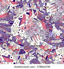 Tracery seamless calming pattern. Mehndi design. Ethnic colorful doodle texture. Curved doodling background. Vector.
