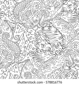Tracery seamless calming pattern. Mehndi design. Ethnic monochrome binary doodle texture. Curved doodling black and white background. Vector.