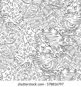 Tracery seamless calming pattern. Mehndi design. Ethnic monochrome binary doodle texture. Curved doodling black and white background. Vector.