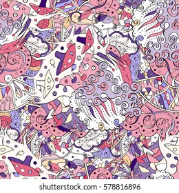 Tracery seamless calming pattern. Mehndi design. Ethnic colorful doodle texture. Curved doodling background. Vector.